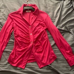 New York & Company Pink Ruched Long Sleeve Button Down